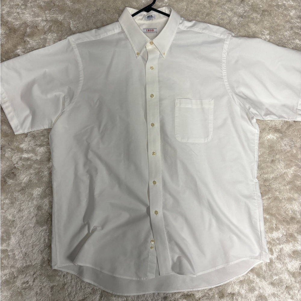 Izod Men’s Short Sleeve White Varsity Oxford Button DownDress Shirt Cotton Blend